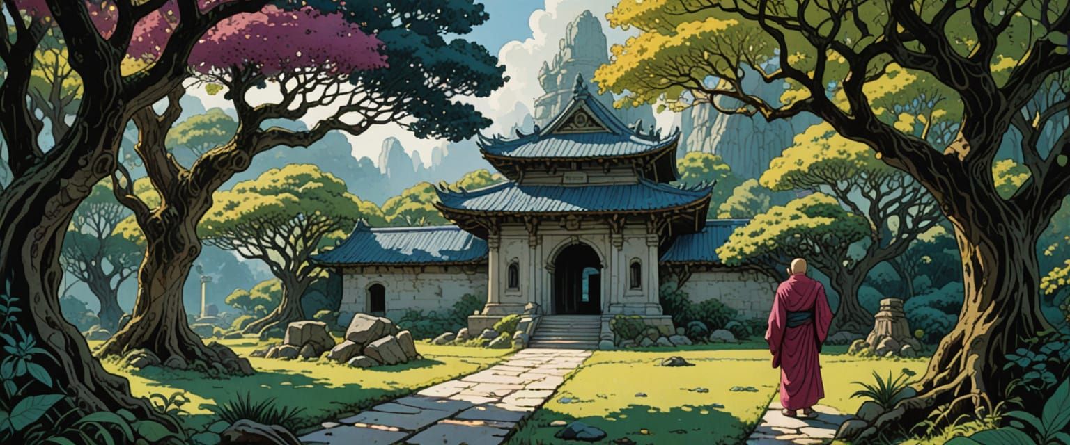 Yoda in Rainforest Temple, Watercolor Comic Style