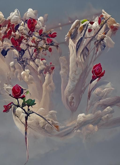 Surreal Car Surrounded by Roses in Fantasy Landscape