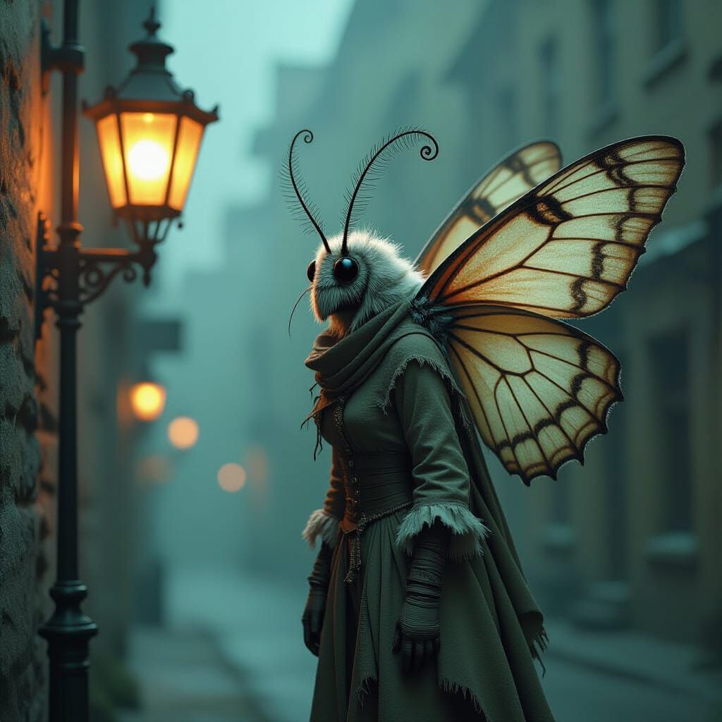 Moth-Human Hybrid in Dark, Sinister Setting