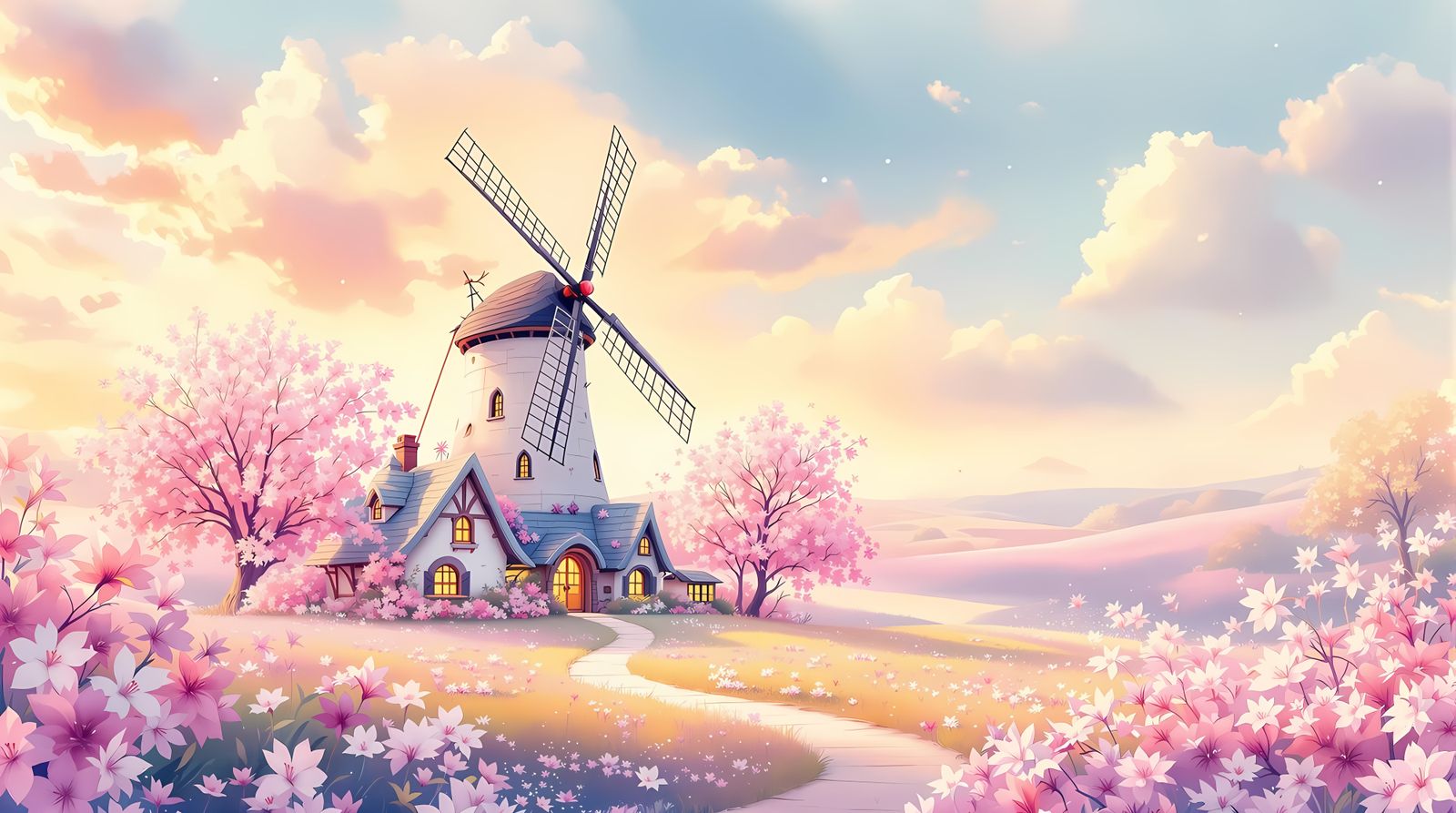Whimsical Watercolor Windmill in Vibrant Golden Hour Bloom