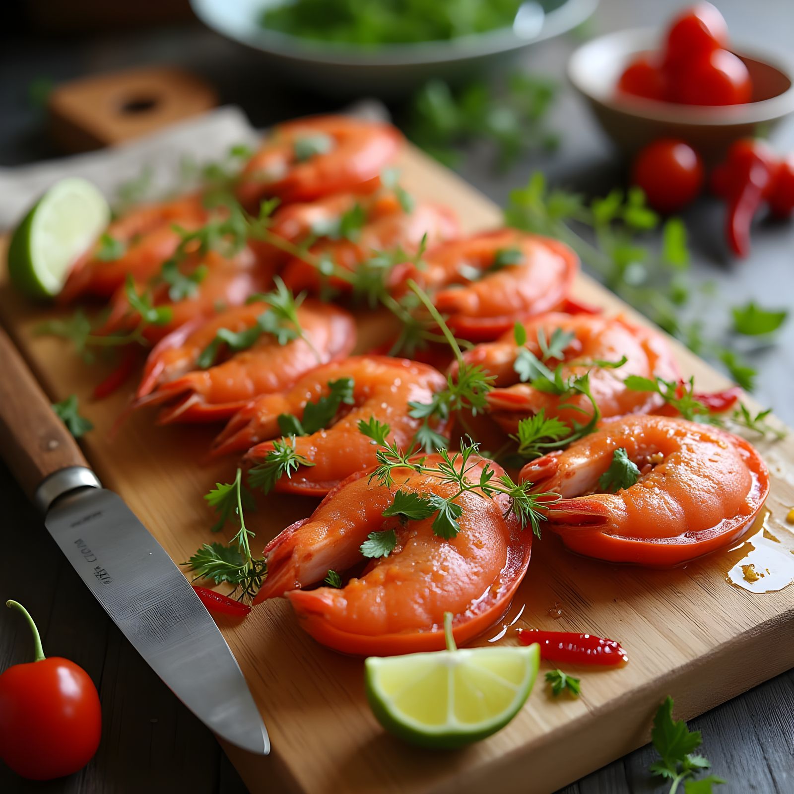 Fresh and Succulent Shrimp Displayed Artfully on a Rustic Wo...