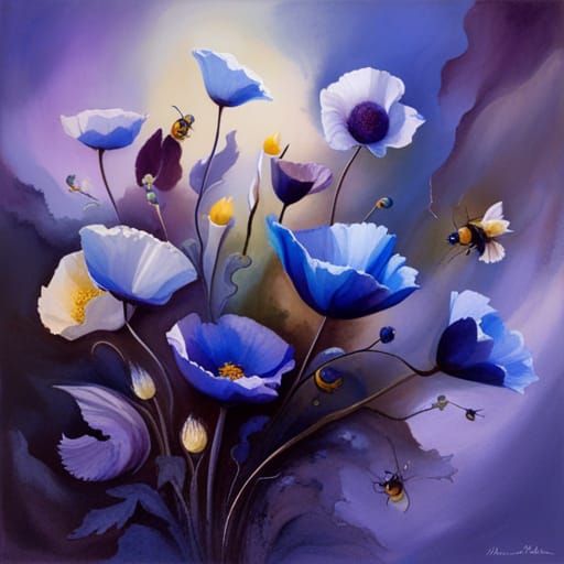 Astral Poppies with Bumblebees in Fantasy Style
