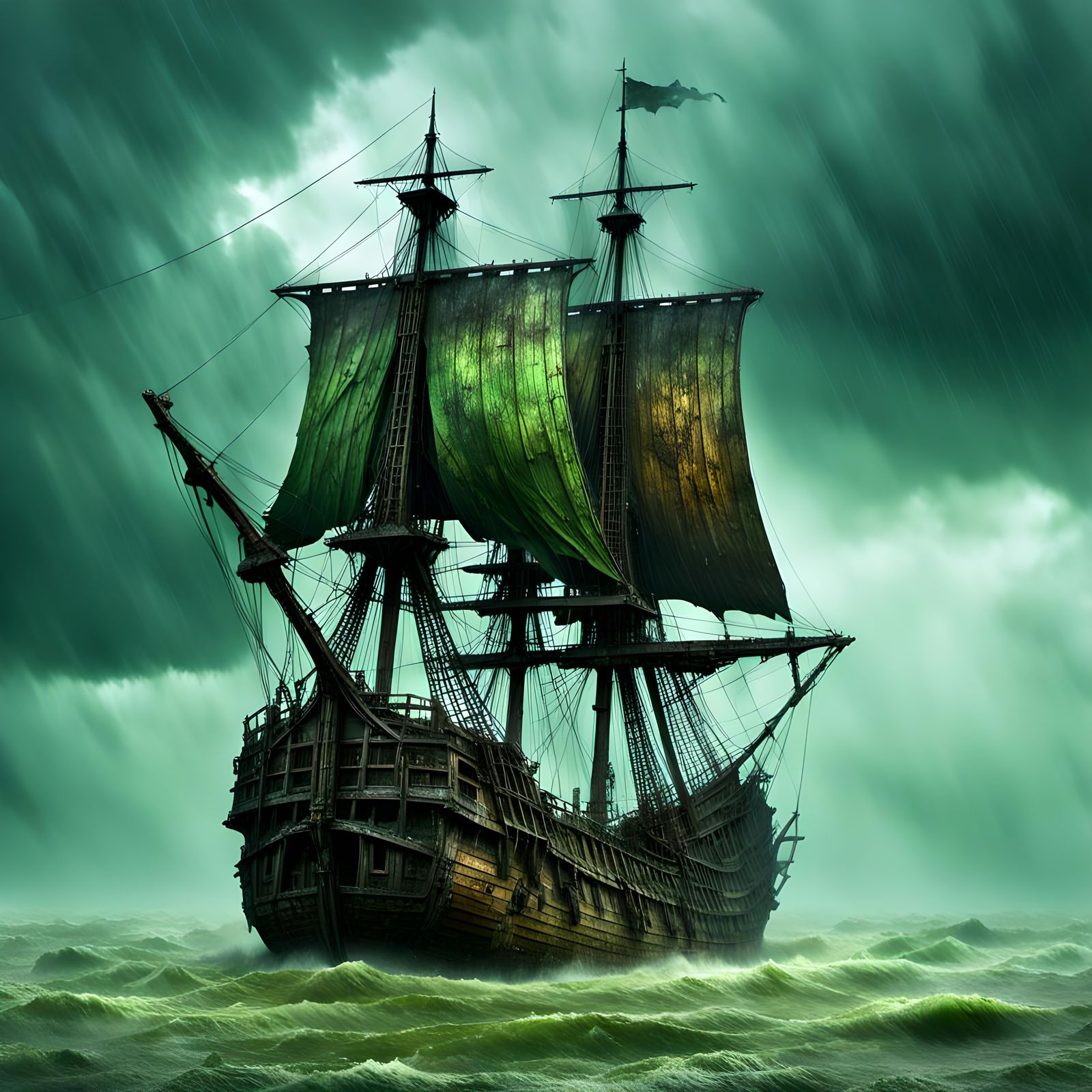 Spectral Flying Dutchman Ghost Ship in Rainstorm