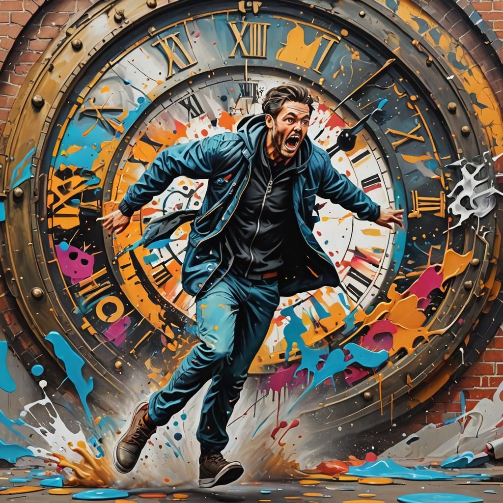 Man Chasing Time: Graffiti Art on Clock