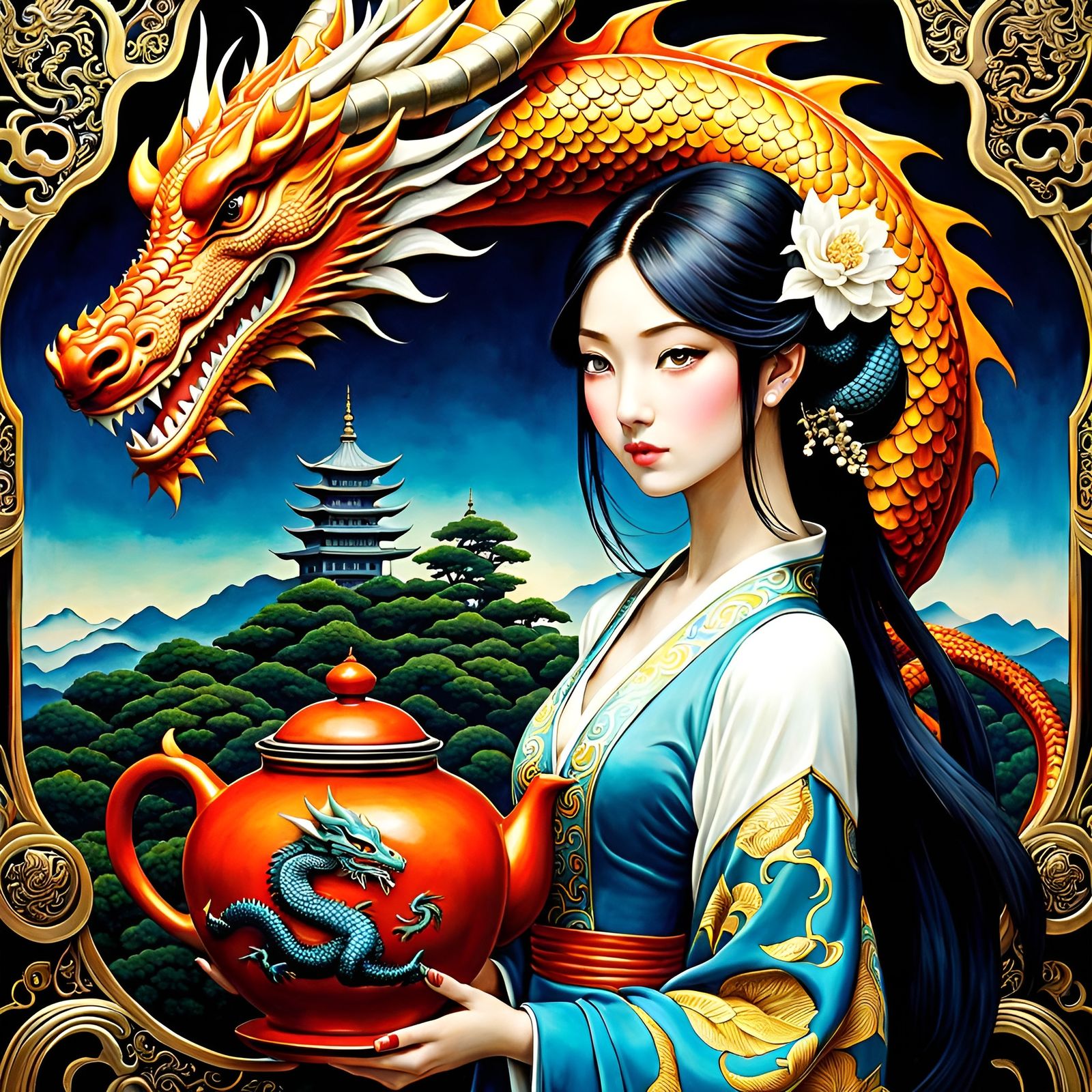 Beautiful Asian Girl with a Clay Teapot in Her Hand