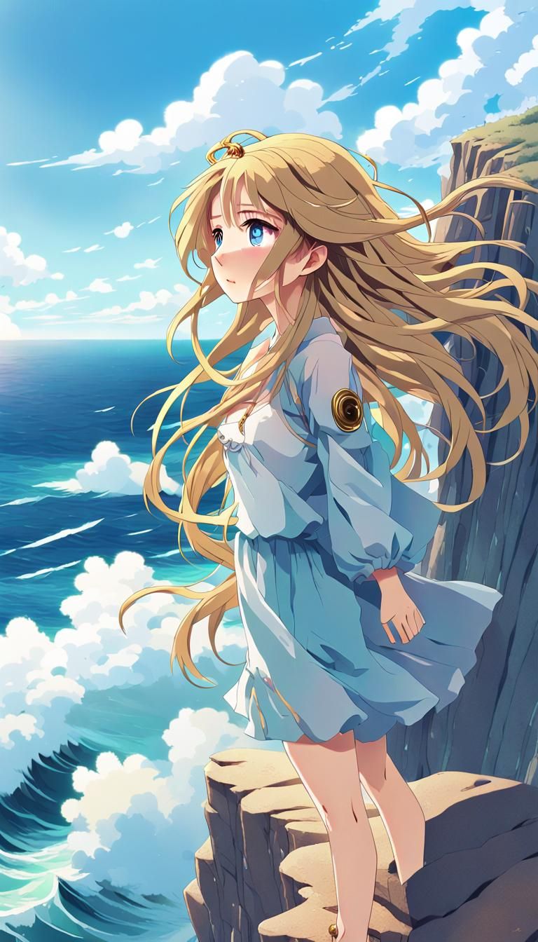 Anime Girl on Cliff Overlooking Ocean