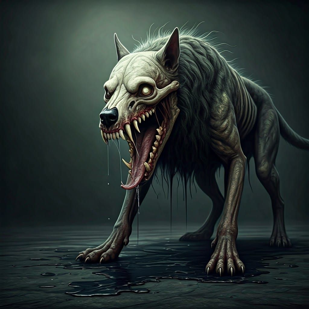 Distorted Canine Abomination in Dark, Foreboding Landscape