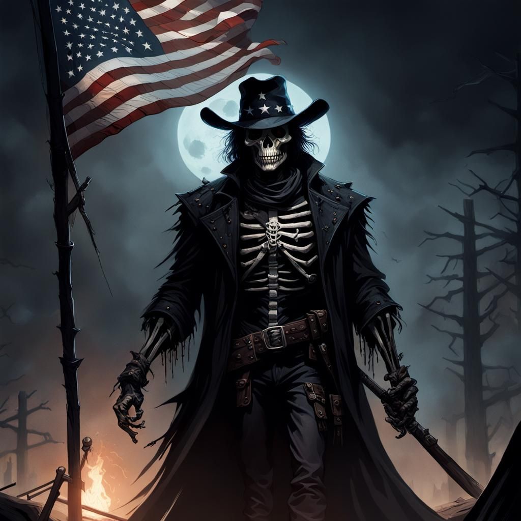 Skeletal Cowboy with American Flag in Gothic Darkness