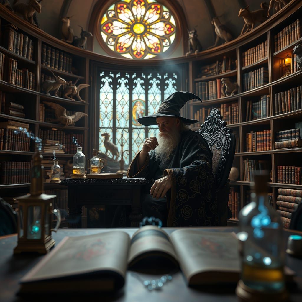 Mystical Wizard Contemplates Ancient Tomes in Enchanted Stud...