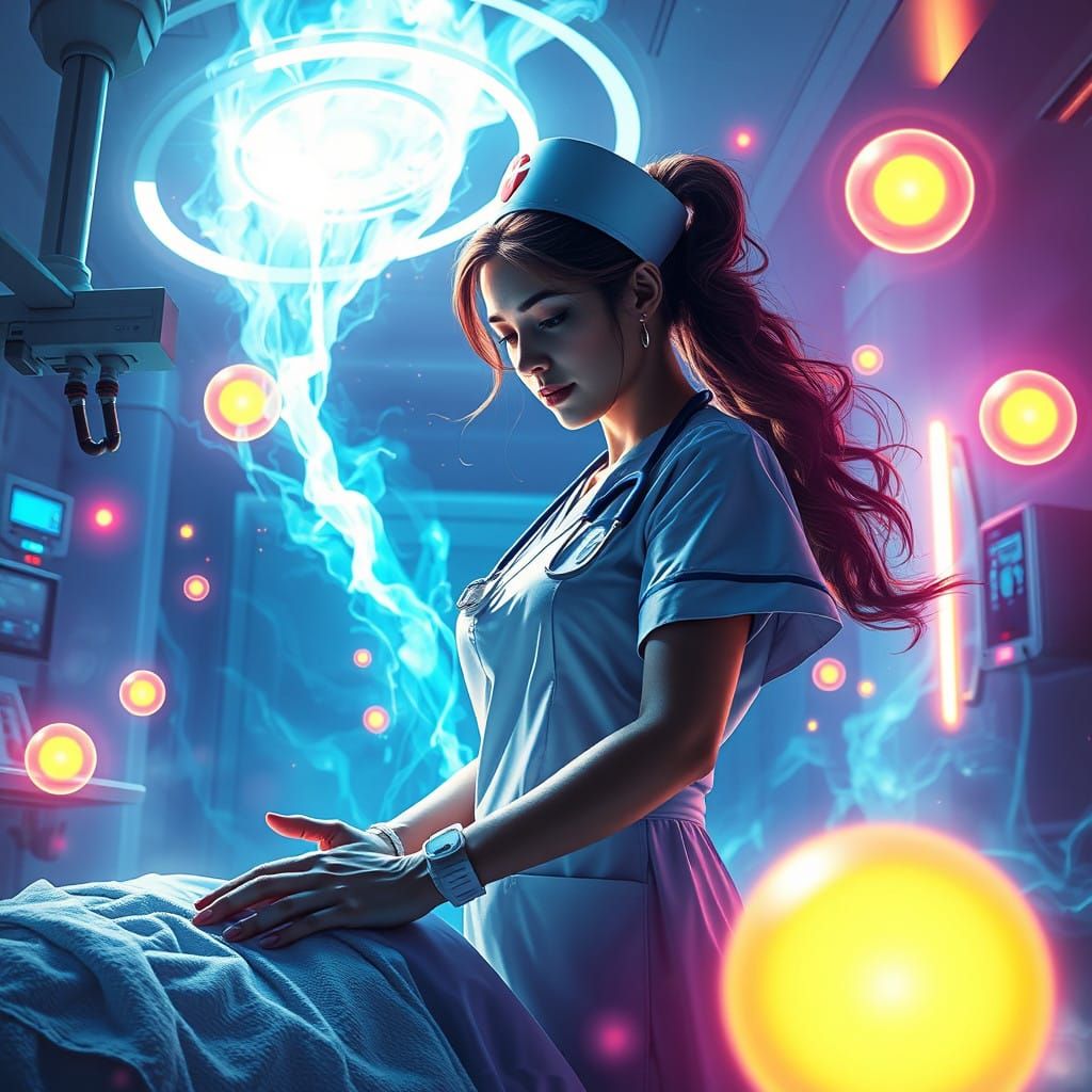 Heroic Nurse in a Futuristic Hospital Amidst Mystical Energy