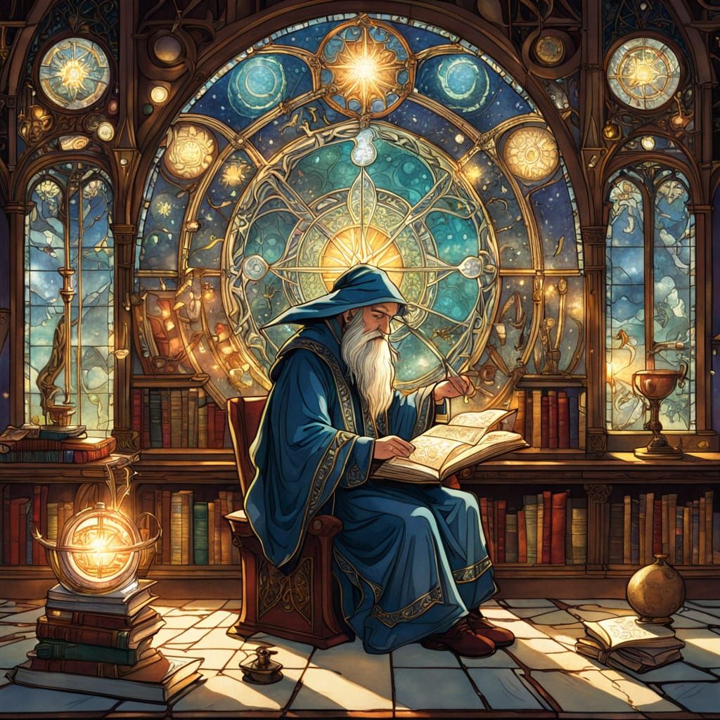 Ancient Wizard Studies Tome in Art Nouveau Library