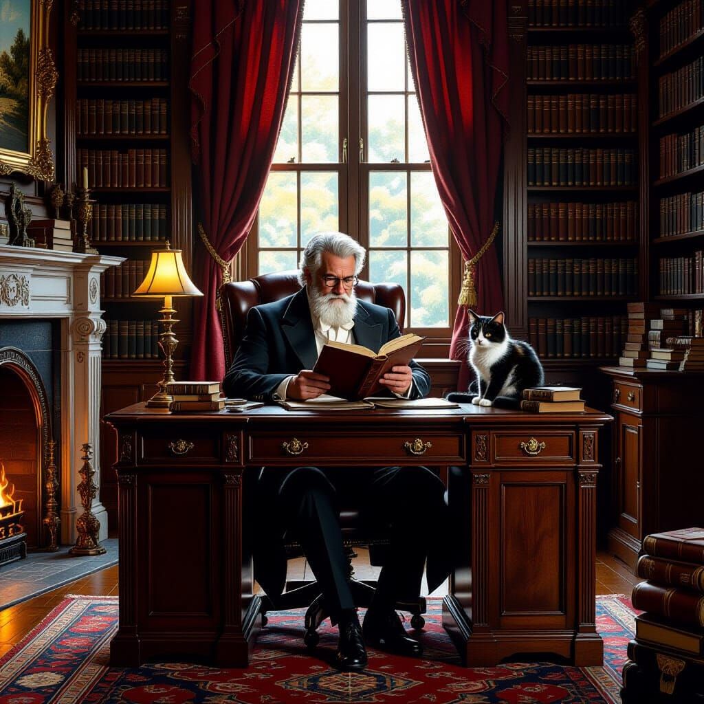 A grand Victorian-era library filled with towering bookshelves, illuminated by the warm glow of a fireplace. A distingui...