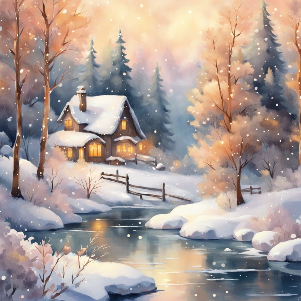 Snowy Forest and Frozen Lake in Watercolor Style