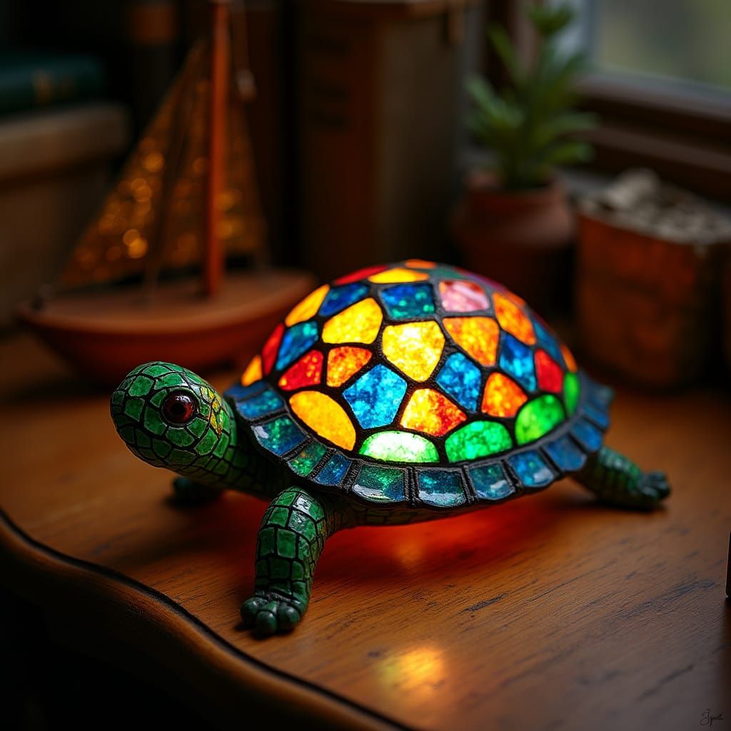 Stained-Glass Turtle Lamp in Hyper-Realistic Style
