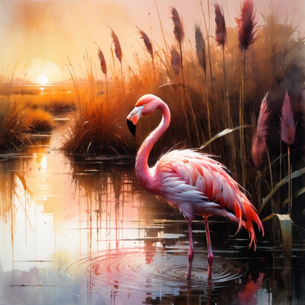 Majestic Pink Flamingo Watercolor Painting at Sunset