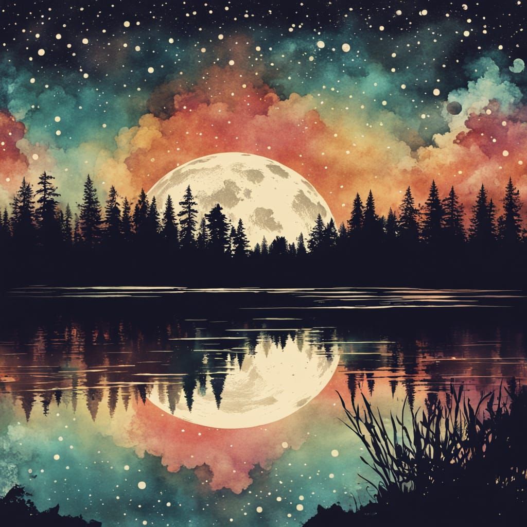 Starry Lake Reflection in Vintage Ink Painting