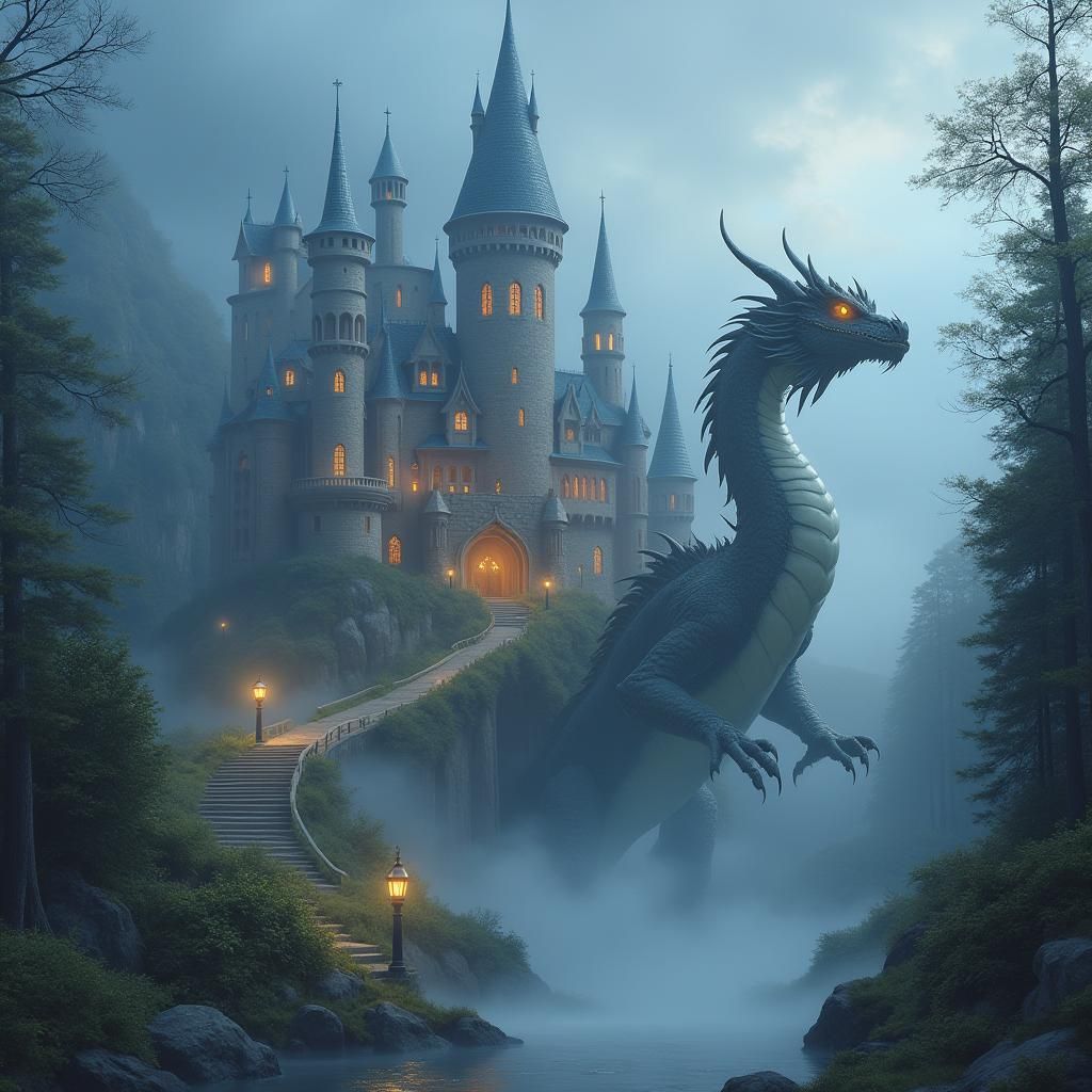 Mystical Castle with Three-Headed Dragon