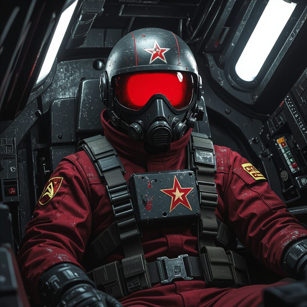 Masked Pilot in Dark Sci-Fi Cockpit, Retro Aesthetic