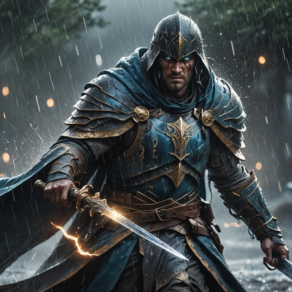 Warrior with Glowing Blade on Battlefield, Anime Art