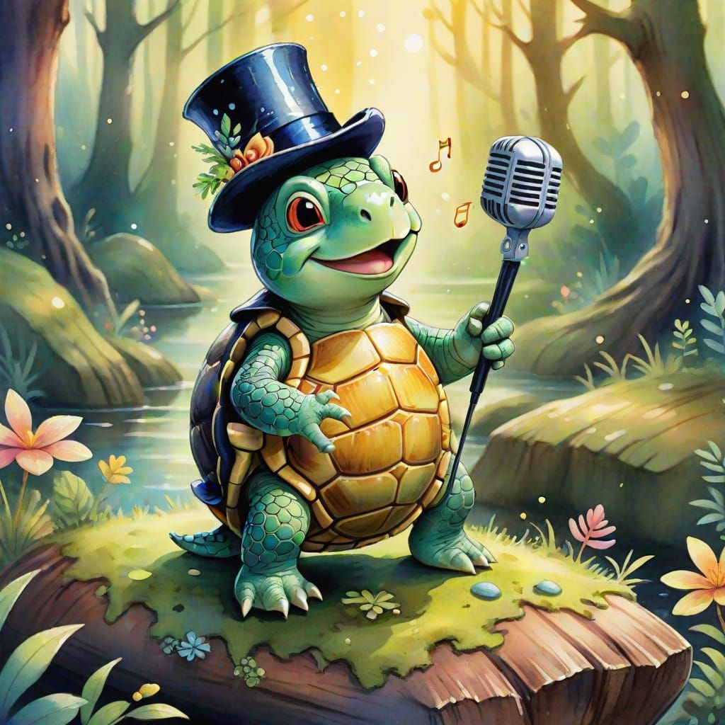 Singing Turtle in Watercolor Disney Fantasy Style