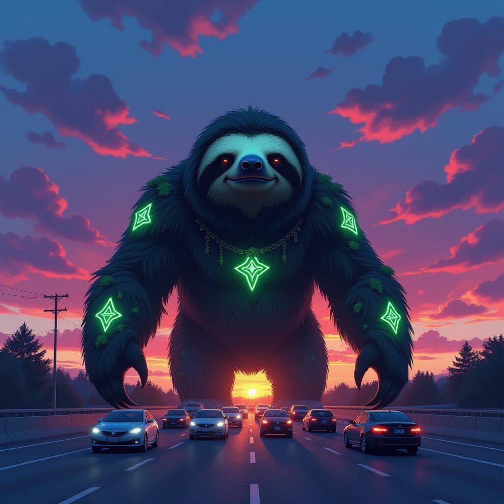 Giant Rune Sloth Blocks Highway at Sunset