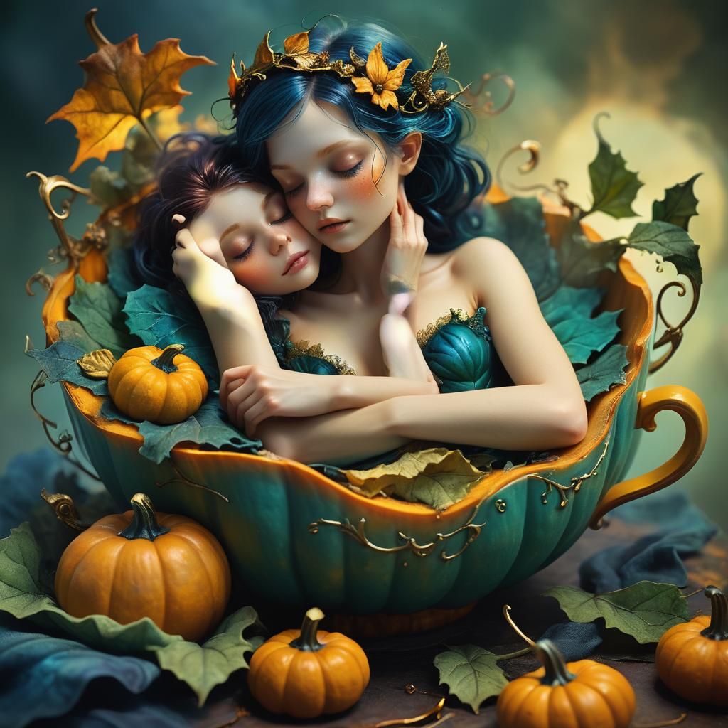 Fairy Asleep in Pumpkin Teacup: Dark Fantasy Art