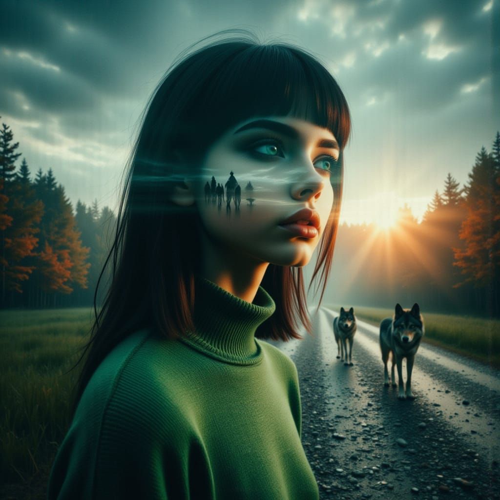 Double Exposure Woman with Night Sky and Autumn Lane