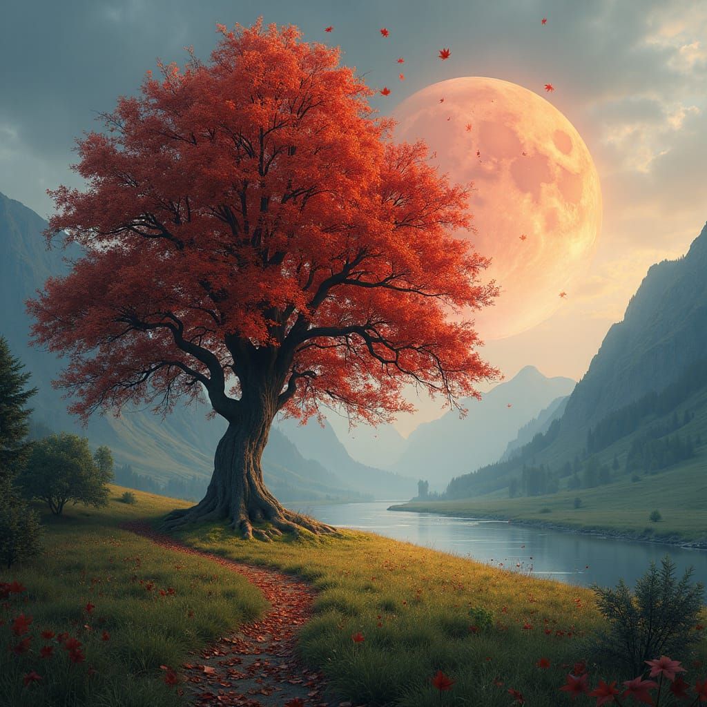 Ancient Maple Tree by River Under Red Moon
