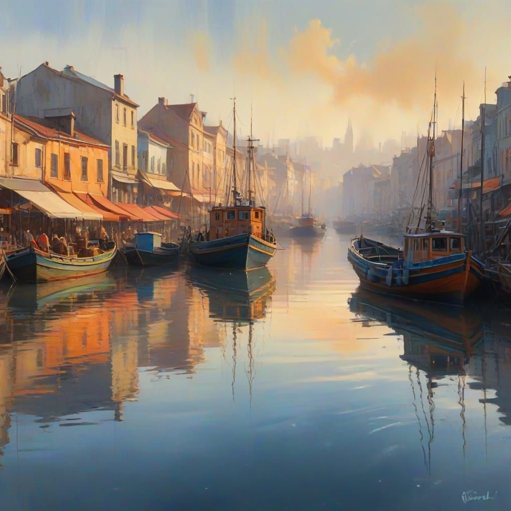 Impressionist Fishing Harbor at Dawn in Gouache