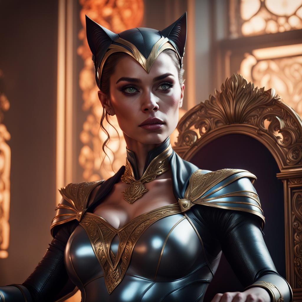 Catwoman as Queen: Hyperdetailed Art Nouveau Portrait