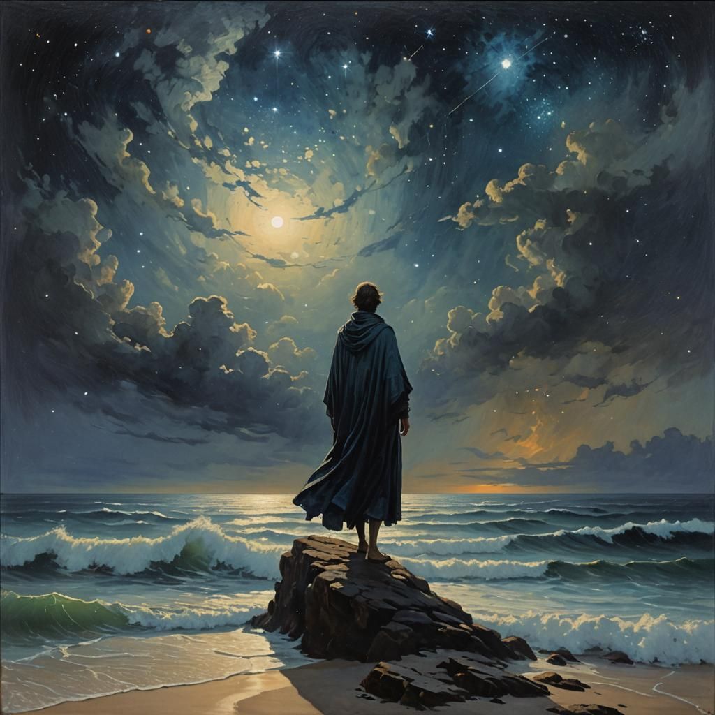 Nocturnal Waves Under Starry Sky: Oil Painting