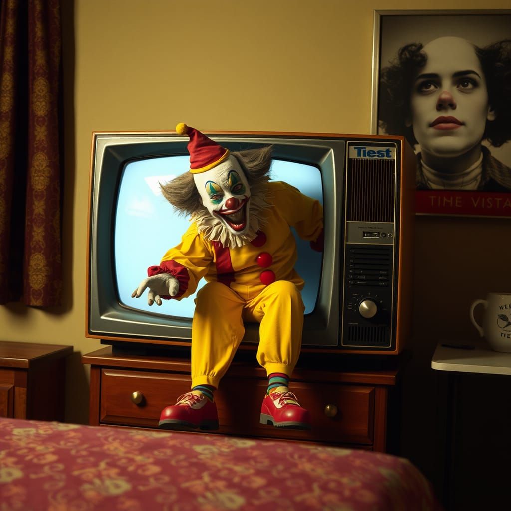 Creepy Clown Emerges From TV in Motel Room