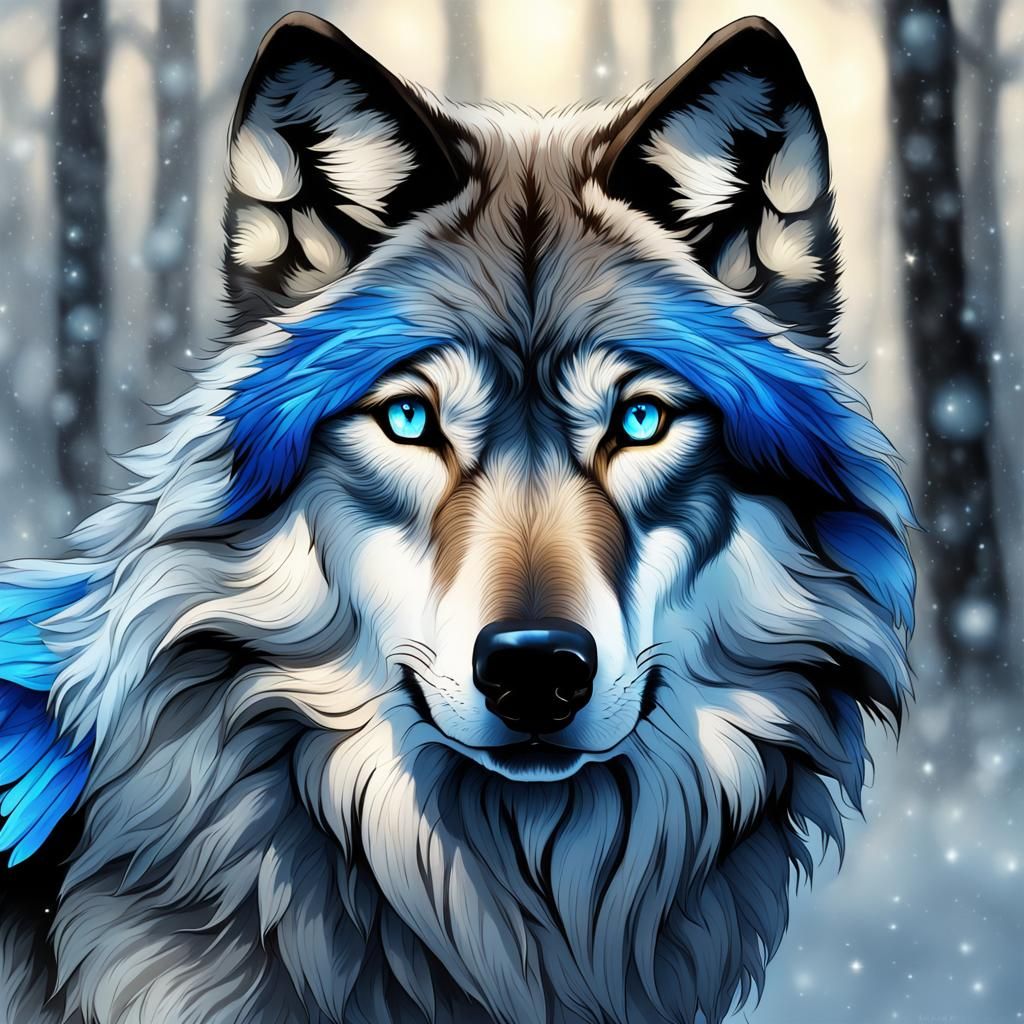 Majestic Grey Wolf with Blue Wings
