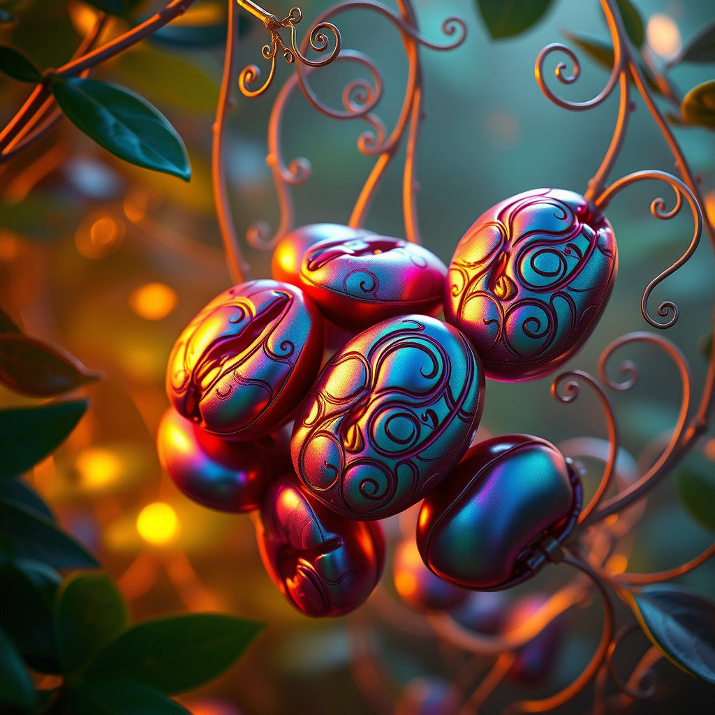 Iridescent Coffee Beans in Mystical Realism