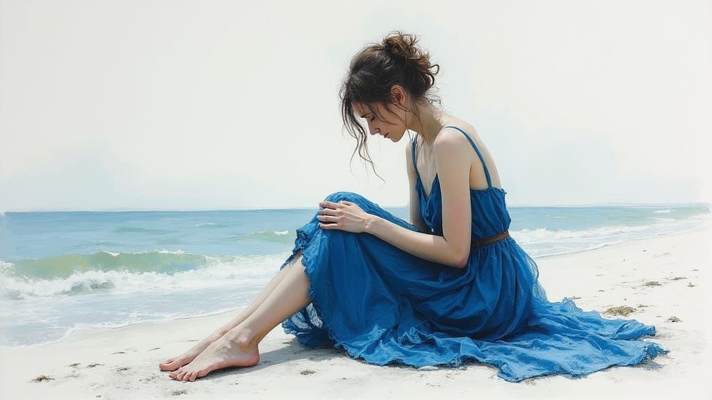 A Blue Summer Sketch of a Woman in Snow