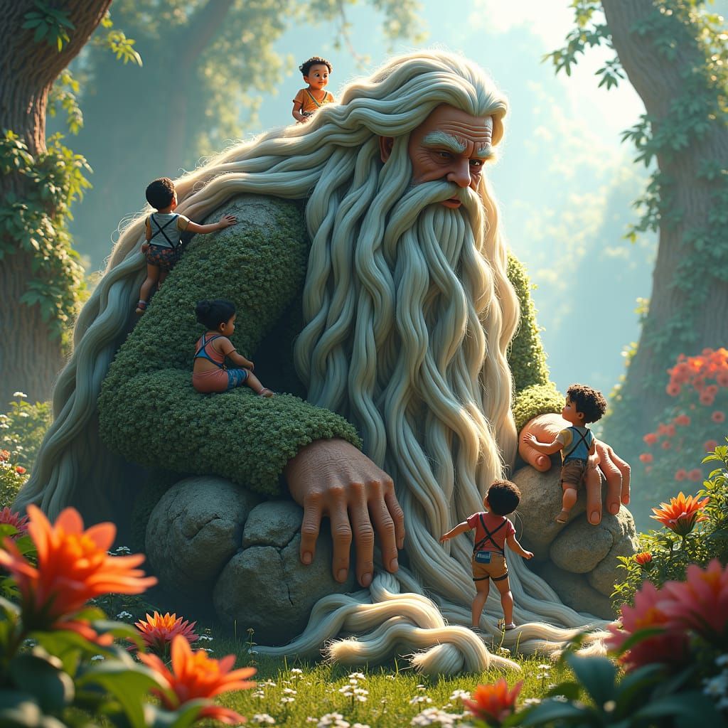 Children Climb a Giant's Braided Beard