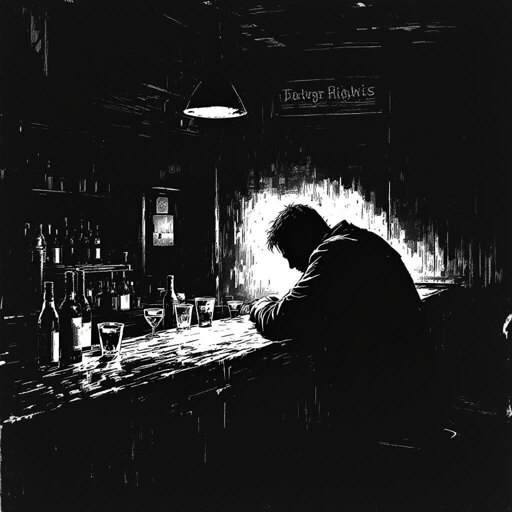 Midnight Solitude: Expressionist Bar Scene in Black and Whit...