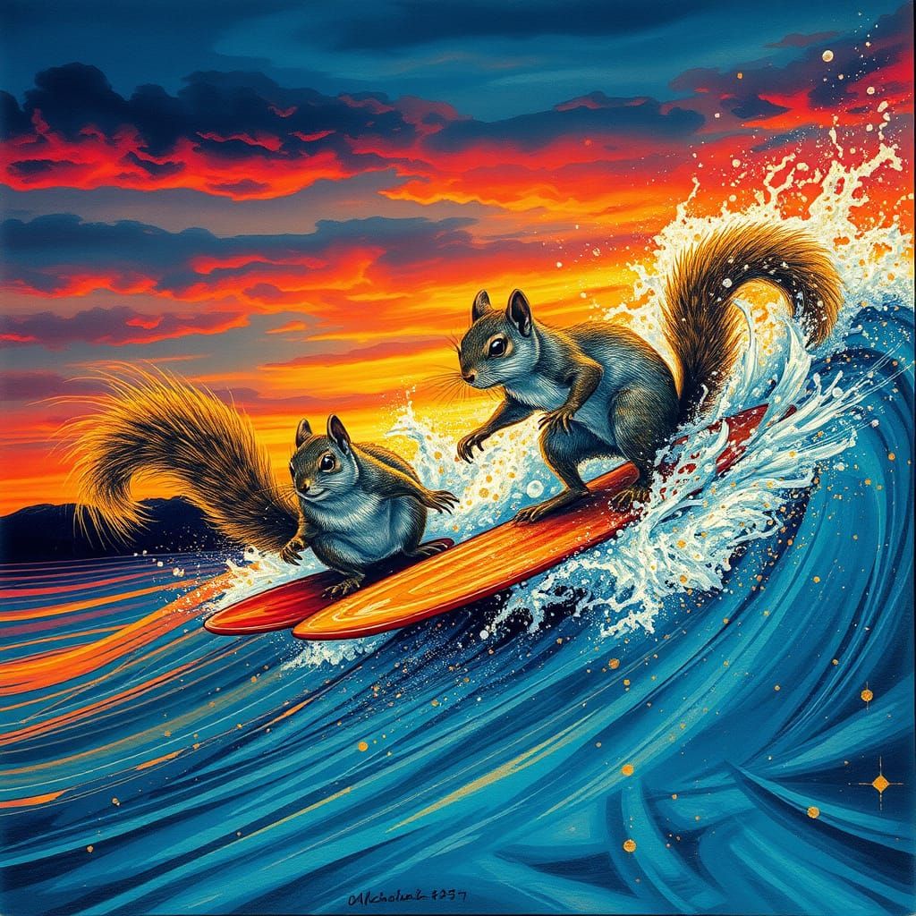 Magical Sunset Surfing Squirrels in Metallic Gold