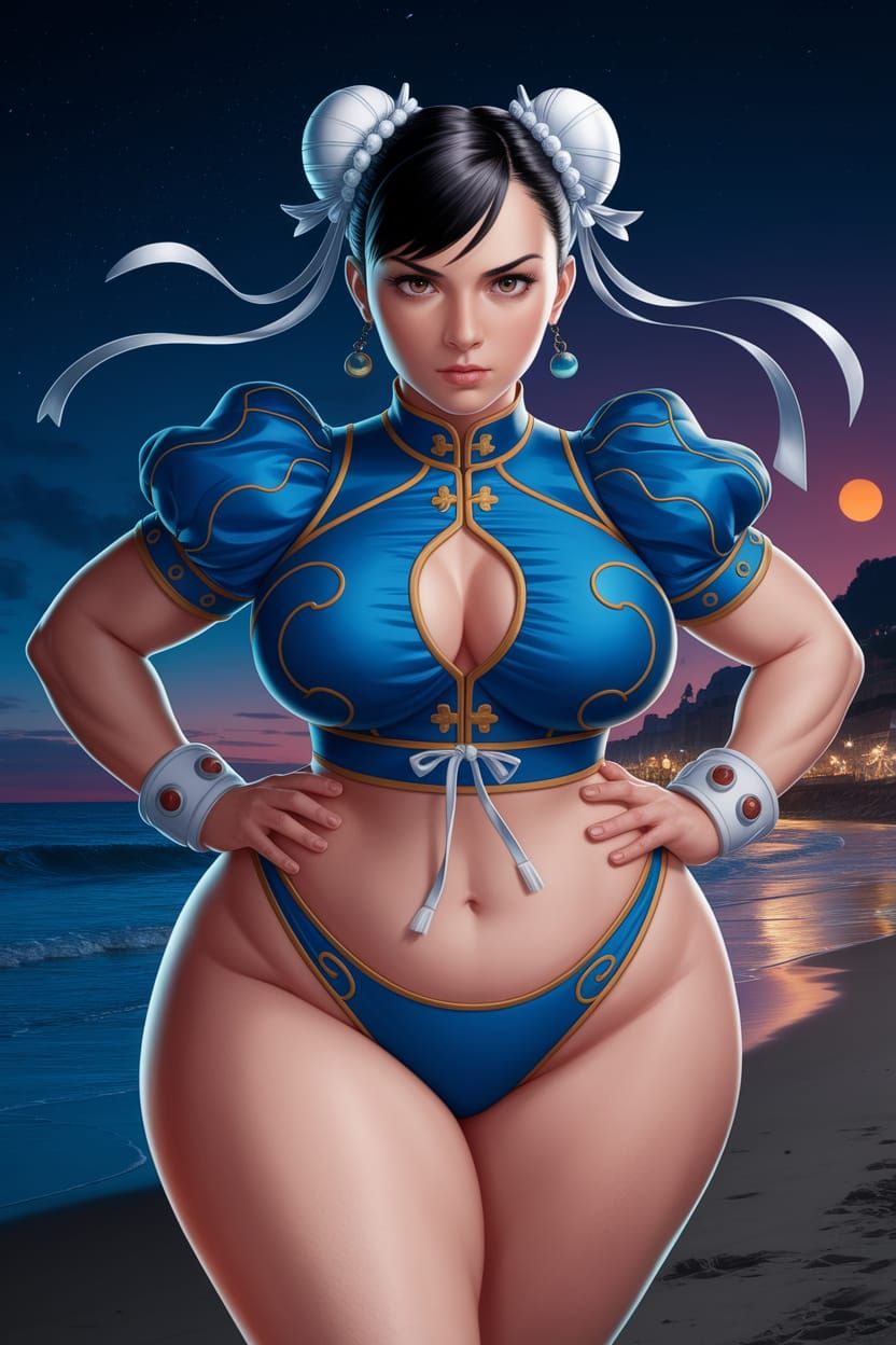 Chun-Li Training on Beach at Night in Anime Style