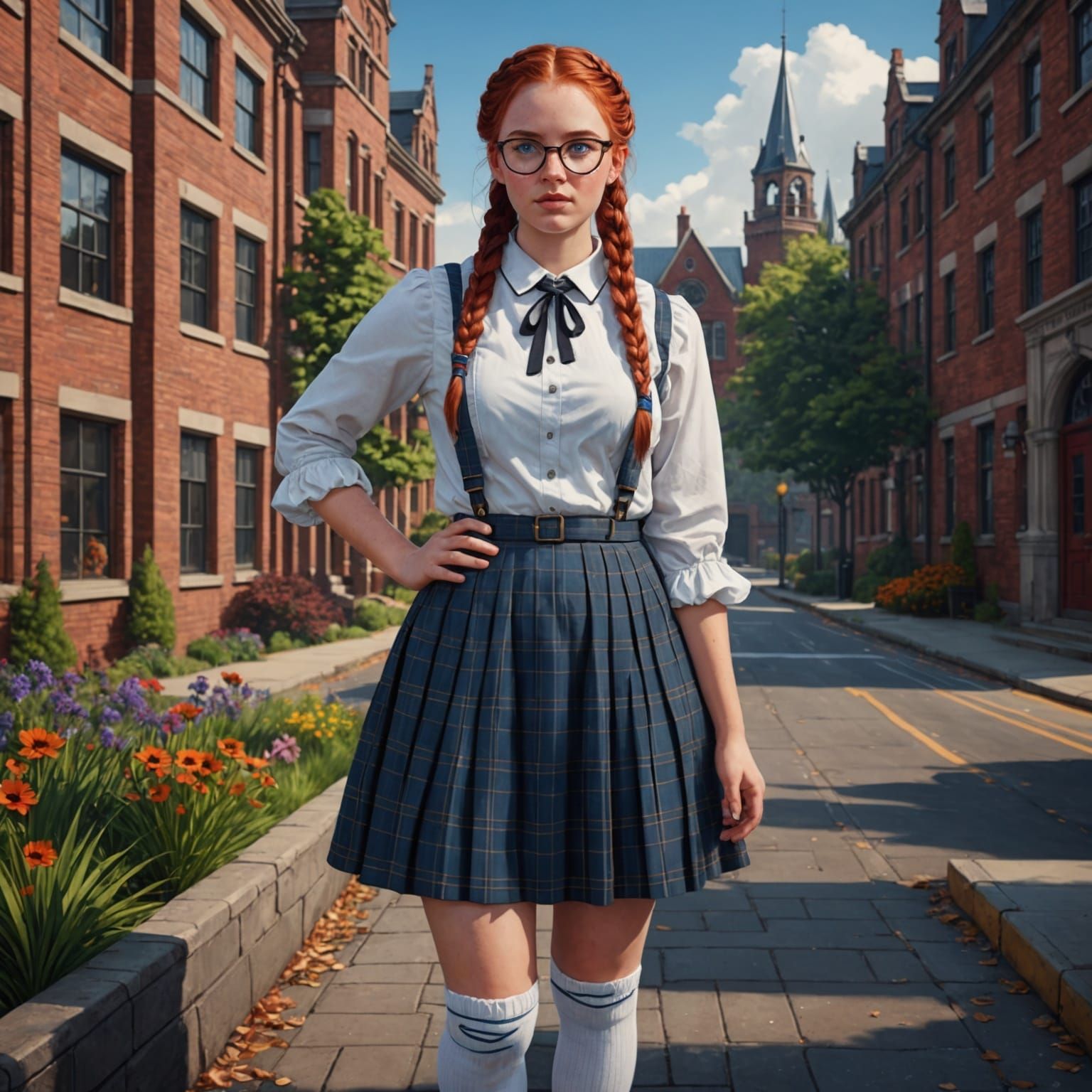 Nerdy Girl with Braids in School Concept Art