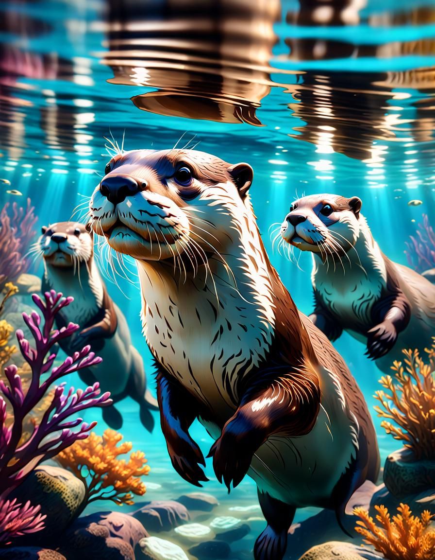 River otters frolicking in the water, underwater view, swimming otters, detailed matte painting, deep color, fantastica...