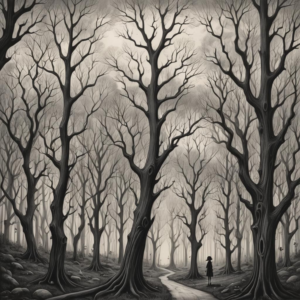 Tim Burton Forest in Monochrome Pencil Sketch