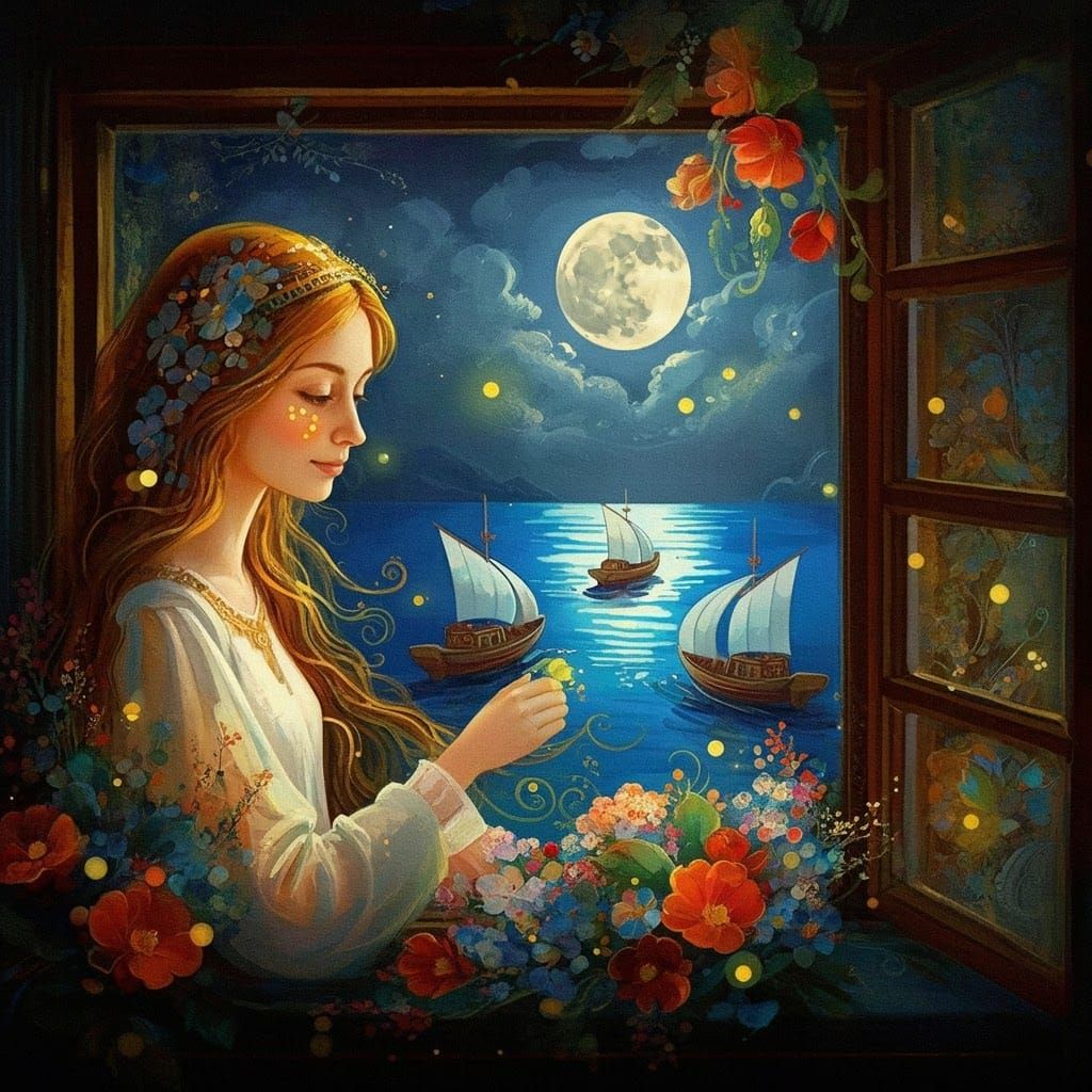 Woman Contemplates Window in Palekh Style