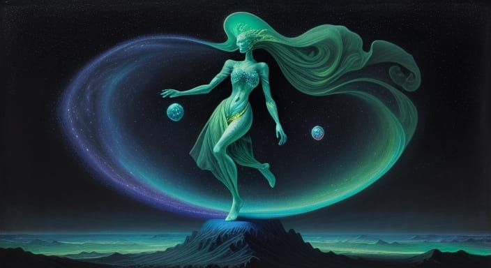 Surreal Figure Balancing on Cosmos in Charcoal