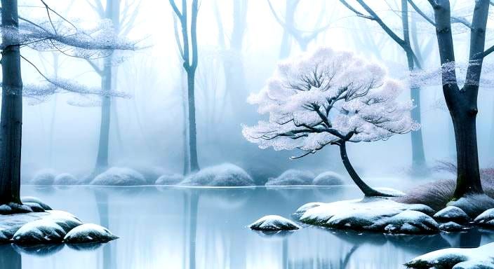 Winter Forest Landscape with Origami Snowflakes