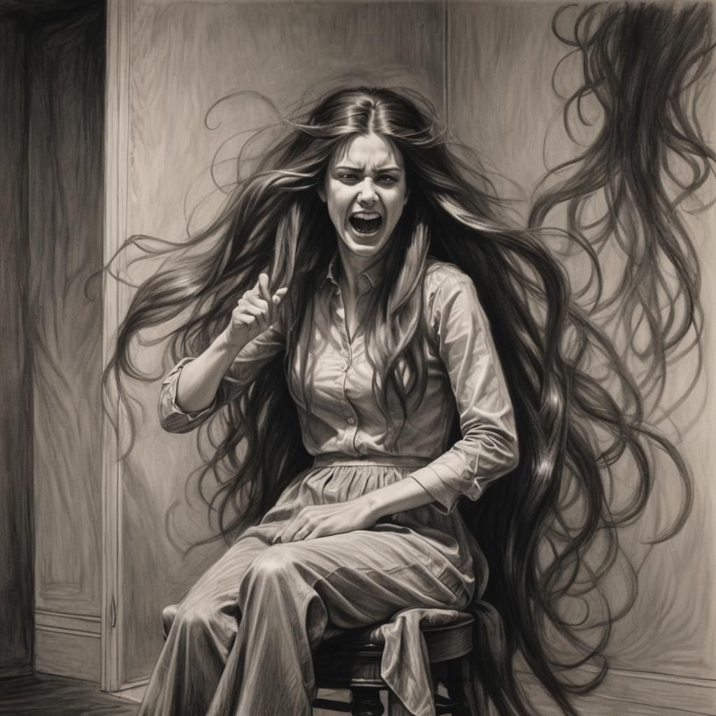 Terrifying Hair Phobia Dreamscape in Charcoal