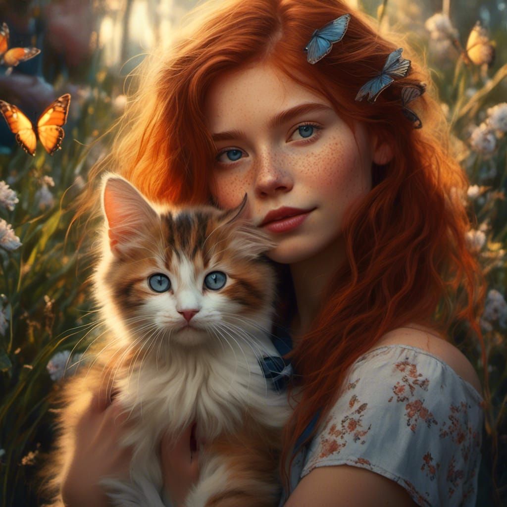 Auburn Haired Girl with Kitten in Super Hyperrealism