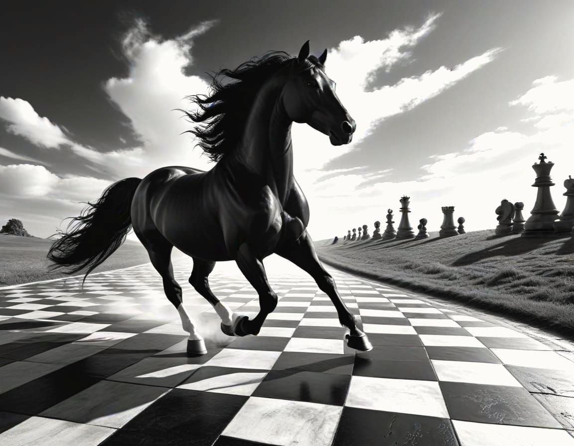 Stunning Black Stallion Galloping on Chessboard Road