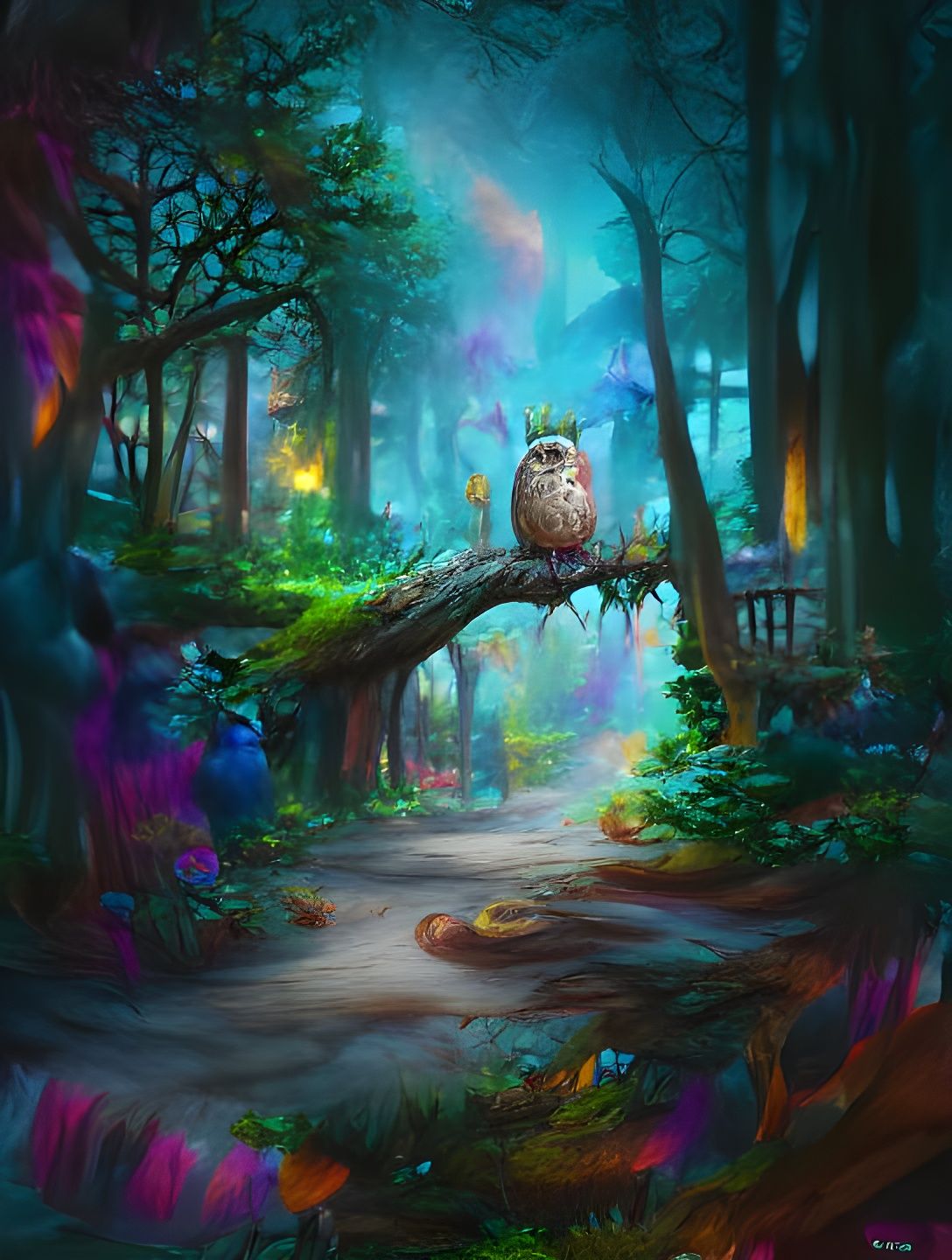 Colorful Owl in Eerie Oak Forest: Digital Illustration