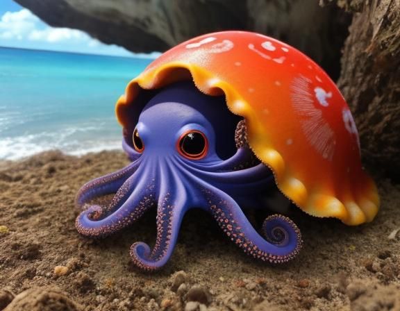 Cute Alien Octopus on a Vibrant Beach